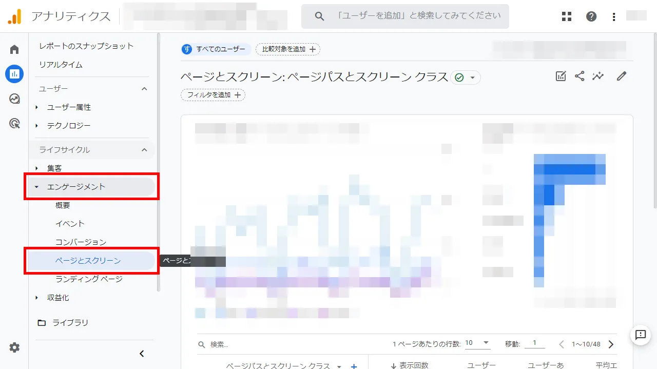 レポートの「エンゲージメント」をクリックしさらに「ページとスクリーン」をクリック